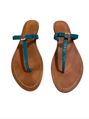 Tory Burch Teal Patent Leather T-Strap Sandals with Logo Accent